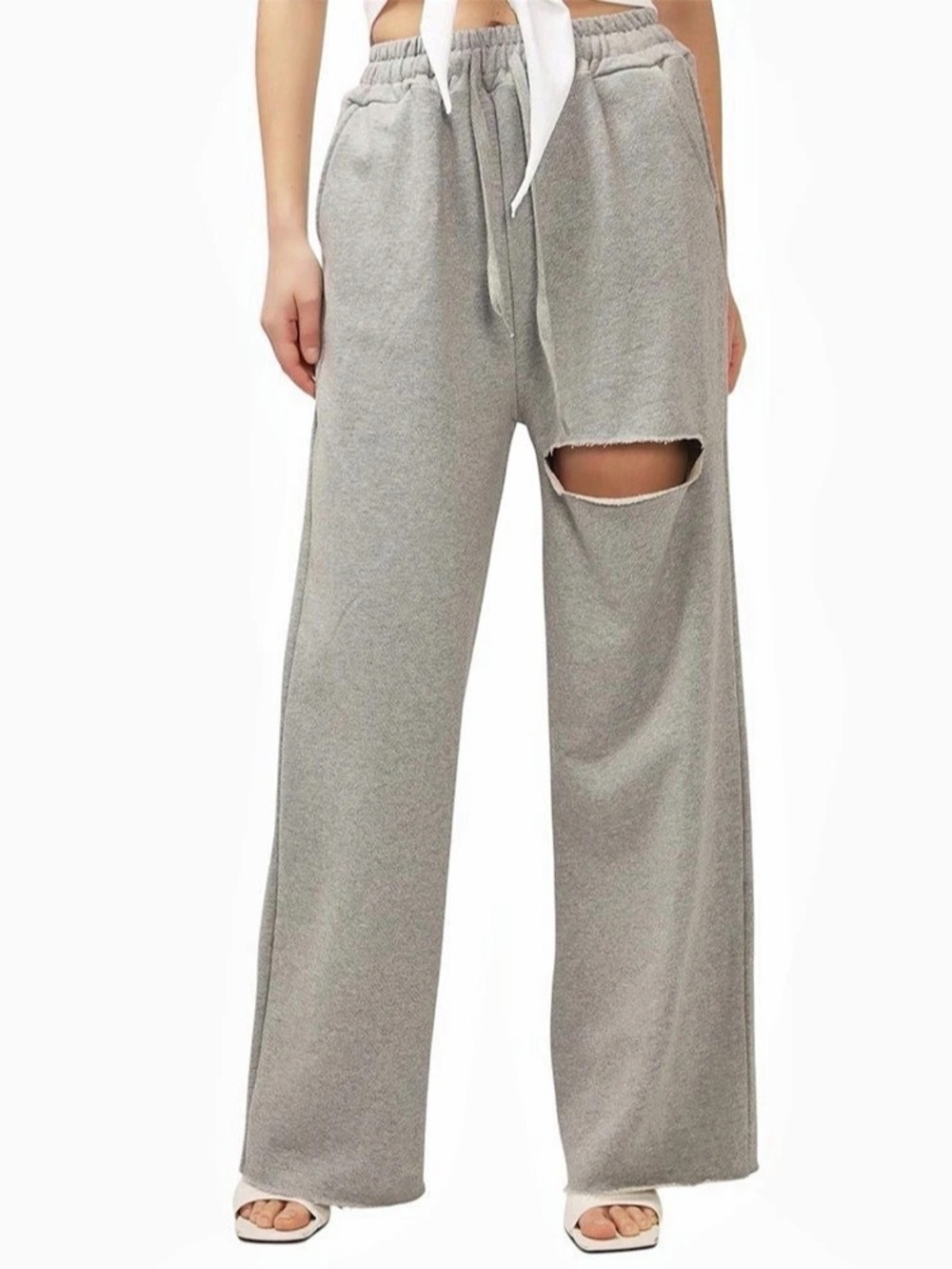 STORETS Nadia Slash Lounge Pants, Distressed Sweatpants, gray sz L